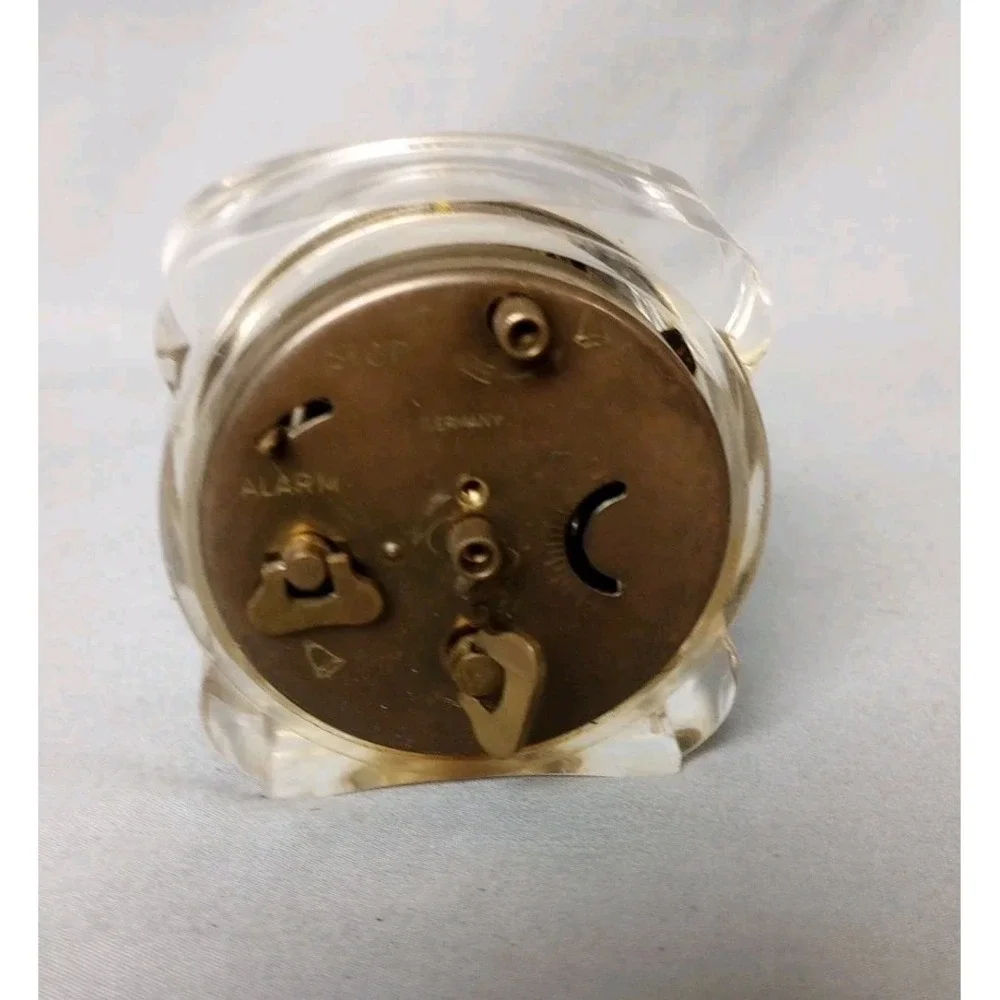 Vintage Cory Lucite Alarm Clock Mid Century Clear Case Brass Face